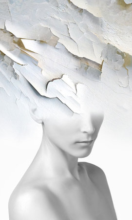 Torn ripped street posters paper blended woman portraitの写真素材