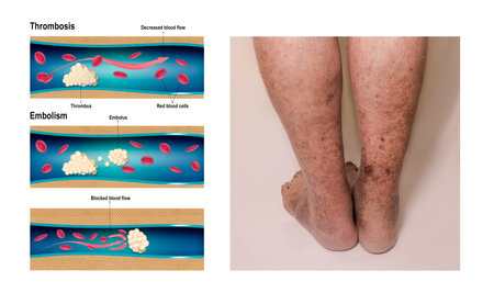 Deep Vein Thrombosis or Blood Clots. Embolus. Structure of normal and varicose male veins....
