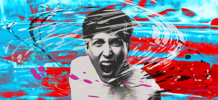 Fury. Frustrated and angry woman screaming. Modern art collage, design. Human emotions concept.の写真素材