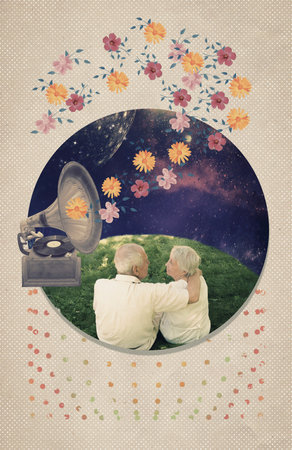 Contemporary art collage, modern design with senior couple. Party time. Retired elderly people man and woman enjoy and fun outdoor activity - lifestyle, travel, and summer vacation concept.の写真素材