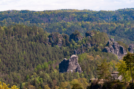 Beautiful summer view of Elbe river from Bastei view pont. Colorful morning scene of Saxon Switzerland national park, Germany, Europe. Splendid landscape of Sandstone Mountains, Saxony.の写真素材