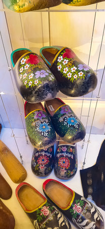 Zaanse Schans, Netherlands - April 16. 2024: Clogs, traditional wooden shoes - klompen - a symbol of...