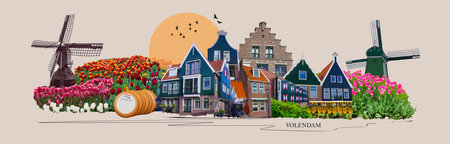 Beautiful wooden houses. Typical small Dutch houses facades in Volendam, at Netherlands - art collageの写真素材