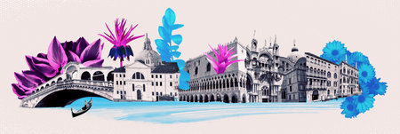 Contemporary artwork. Creative design in retro style. Color image if beautiful buildings in Venice. Vintage town. Concept of creativity, surrealism, imagination, futuristic landscape. Posterの写真素材