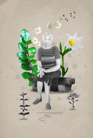 Smiling senior lady sitting in park during summer - collage with design in retro styleの写真素材