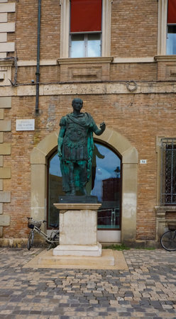 Rimini, Italy - June 25, 2024: Monument to Gaius Julius Caesar in Rimini at Italy