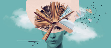 Creative art design, collage with tree, sun and bench on nature landscapeの写真素材