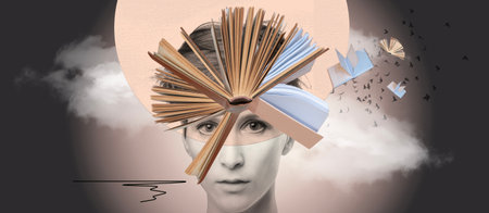 Creative art design, collage with tree, sun and bench on nature landscapeの写真素材