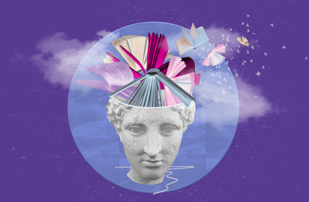Abstract human antique statue and books. Creative idea symbol, art design or collage. Mental Health,...