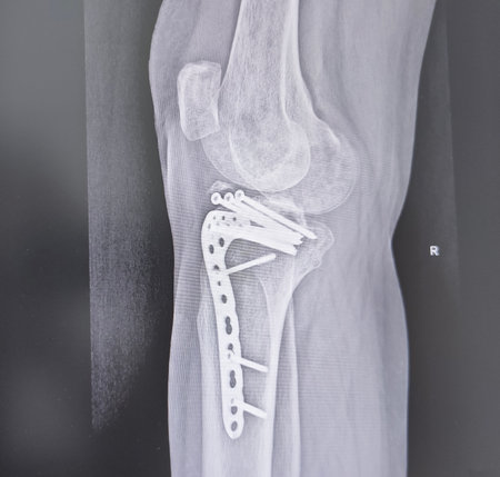 Structure of knee - rx-ray image of knee, tibia fracture with post operation internal fixation.の写真素材