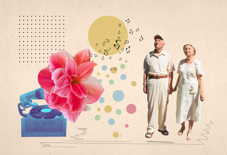 Art collage or design - elderly woman and man listening to music from retro gramophone. Senior couple walking together on abstract background. Retired elderly people man and woman enjoy and fun outdoor activityの写真素材