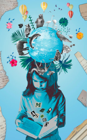 Calming book. Small child - little girl and blue sky. Bibliotherapy. Mindfulness and relaxation. Napping time. Back to school. Non-formal education and learning. Relaxing book for better sleep.の写真素材