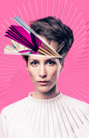 Head with an books as a metaphor for a education. Art collage or design.