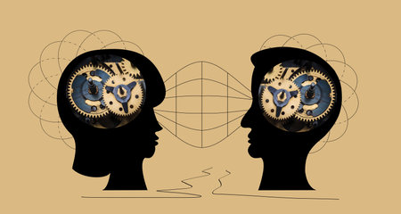 The male and female heads are filled with gears on gold background. The education, idea or...