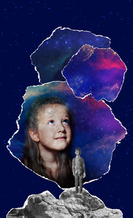 Childhood and dream concept. Conceptual image with girl dreaming about big future, outer space, stars, planets. Creative art collage, designの写真素材
