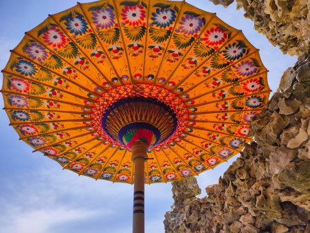 Colorful traditional handmade umbrella in Ubud on Bali Island at Indonesiaの写真素材