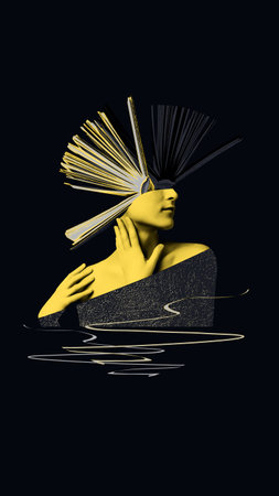 Head with books as a metaphor for education. Art collage or design. Creative idea symbol. Mental...