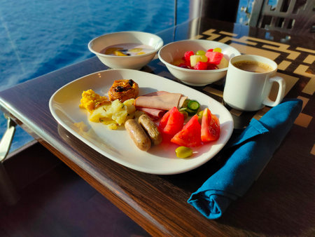 Dining Room Buffet aboard the abstract luxury cruise ship. Healthy breakfast at modern liner conceptの写真素材