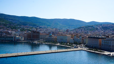 Trieste marina aerial view from from cruise ship. The streets of Trieste with the facades of old and...