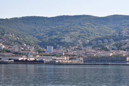 Trieste marina aerial view from from cruise ship. The streets of Trieste with the facades of old and colorful Mediterranean houses.の写真素材