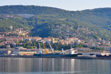 Trieste marina aerial view from cruise ship. The streets of Trieste with the facades of old and colorful Mediterranean houses. Trieste in Italyの写真素材