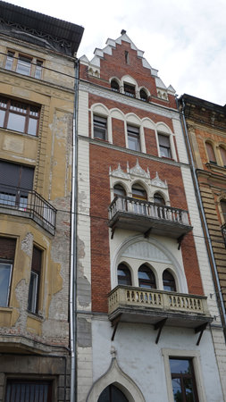 Facade of old building in center of Budapest at Hungaryの写真素材
