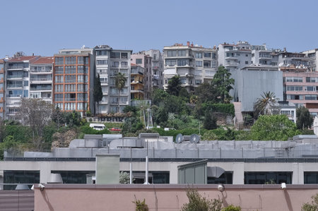 Istanbul. Taksim district aerial view from cruise ship. Galataport waterfront in Karakoy with a view of the city skylineの写真素材