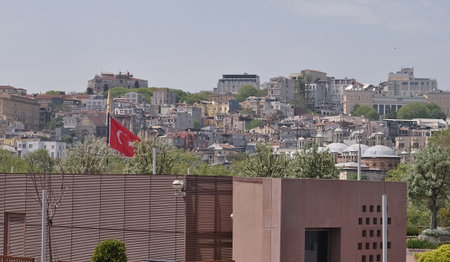 Istanbul. Taksim district aerial view from cruise ship. Galataport waterfront in Karakoy with a view of the city skylineの写真素材