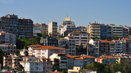 Istanbul. Taksim district aerial view from cruise ship. Galataport waterfront in Karakoy with a view of the city skylineの写真素材