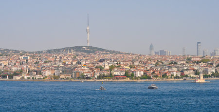New Kucuk Camlica TV Radio Tower, a telecommunications tower with observation decks and restaurants in Uskudar district of Istanbul, Turkey.の写真素材