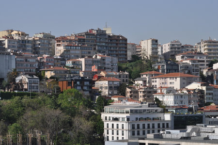 Istanbul. Taksim district aerial view from cruise ship. Galataport waterfront in Karakoy with a view of the city skylineの写真素材