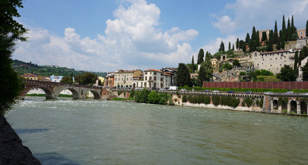 Castel San Pietro overlooking river Adige in Verona at Italy.の写真素材