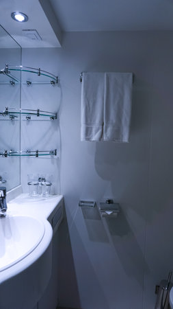 Bathroom with shower cabin, toilet on a cruise ship. Interior of cabinの写真素材