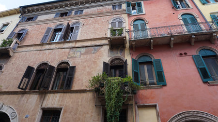 Colorful old houses on the Verona's street at Italyの写真素材