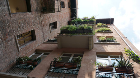 Beautiful traditional Italian building with flowers on balcony of medieval wall at Verona, Italyの写真素材
