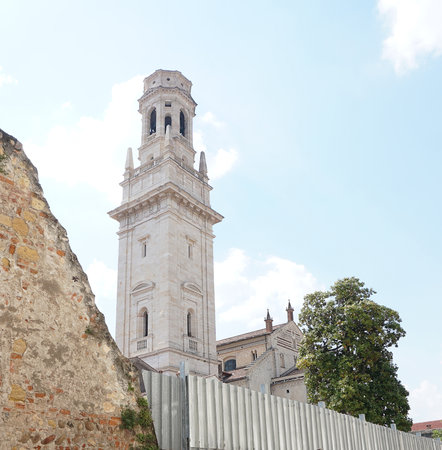 Verona Cathedral of Santa Maria Matricolare in historic center of Verona town, Italy at Europe. The side bell tower of Duomo Cattedrale di S. Maria Matricolare cathedralの写真素材