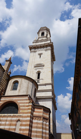 Verona Cathedral of Santa Maria Matricolare in historic center of Verona town, Italy at Europe. The side bell tower of Duomo Cattedrale di S. Maria Matricolare cathedralの写真素材