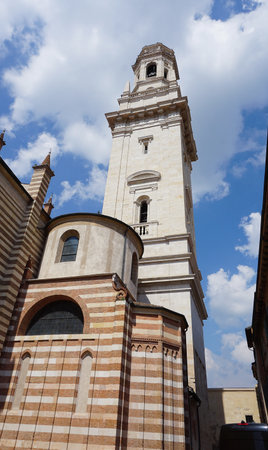 Verona Cathedral of Santa Maria Matricolare in historic center of Verona town, Italy at Europe. The side bell tower of Duomo Cattedrale di S. Maria Matricolare cathedralの写真素材