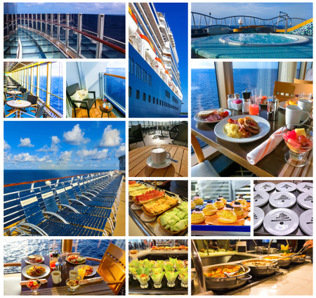 Collage about abstract cruise ship and sport activity. Happy cruise and travel concept.の写真素材