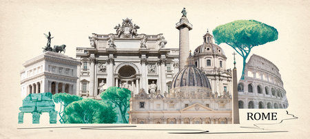Rome famous landmarks collage. The modern art design from best views of Rome, Italy at Europe.の写真素材