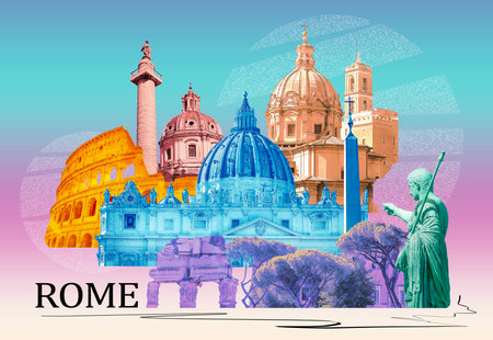 Rome famous landmarks collage. The modern art design from best views of Rome, Italy at Europe.の写真素材