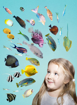 Little girl and tropical fishes. Collage. Education conceptの写真素材