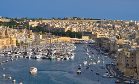 Drone view of Valletta city - little yachts and boats near Valletta in Maltaの写真素材