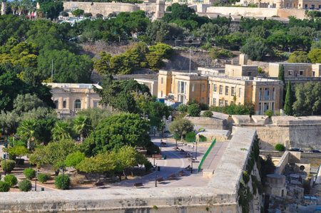 Drone view of Valletta city with garden - capital of Malta islandの写真素材