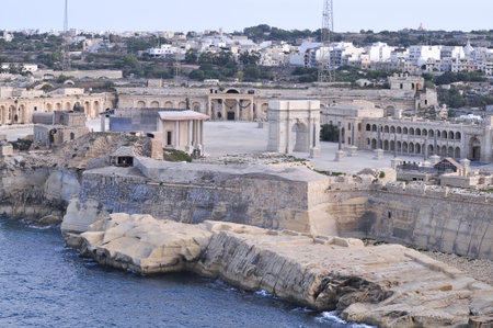 Aerial view of Fort Ricasoli East Breakwater. Waves, Mediterranean sea, Malta islandの写真素材
