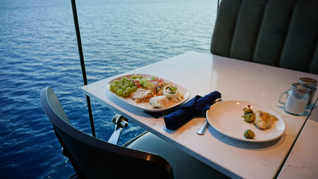 Dining Room Buffet aboard the abstract luxury cruise ship. Healthy food at modern liner concept