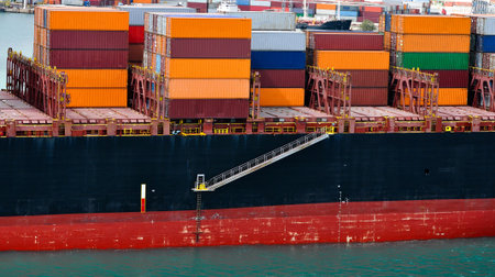 Barcelona, Spain - Cargo containers stored on cargo ships.