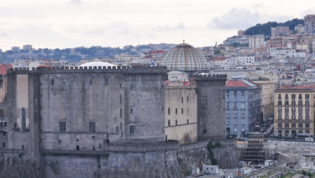 Castel Nuovo is a main architectural landmark of the Naples city at Italyの写真素材