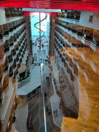 Valletta, Malta - September 24, 2025: Beautiful view of deck and promenade from MSC World Europa cruise ship. Dry stainless steel spiral slide called Venom Drop The Spiralのeditorial素材