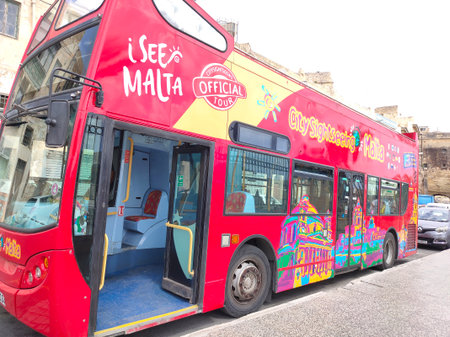 Valletta, Malta - September 24, 2025: Malta Hop-On Hop-Off Bus Tour as much as you like at any of the bus stops on our three routes and see all the best sites and attractions of Maltaのeditorial素材